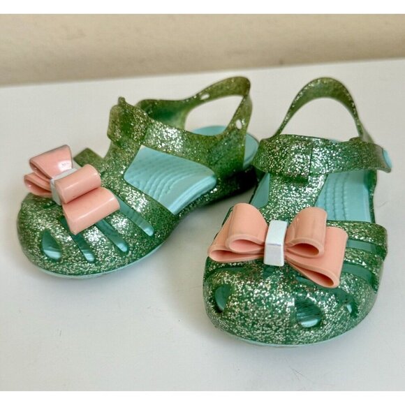 Crocs Girls Blue Green Glitter Size 5 Isabella Hook Loop Sling Back Bow Sandals - Picture 1 of 12